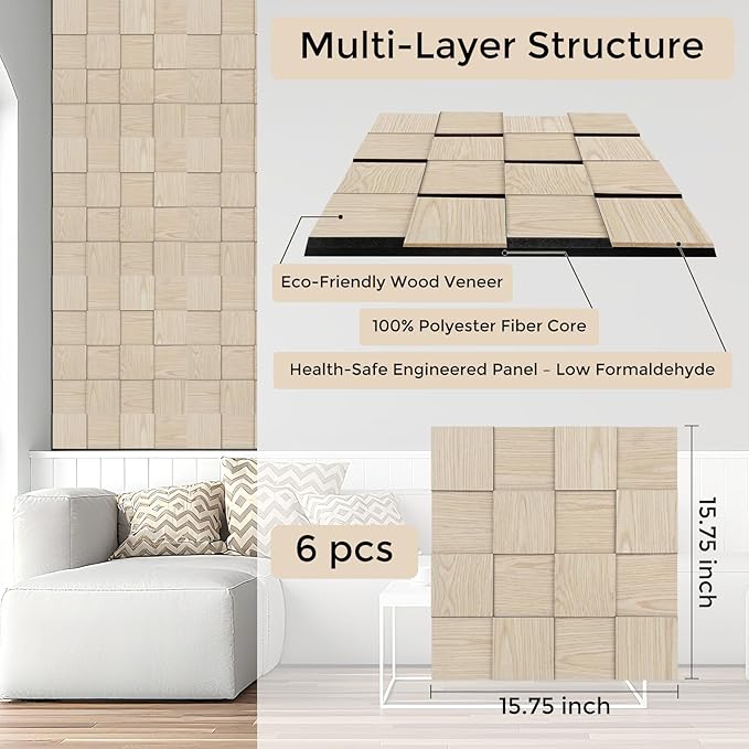 Checkerboard Acoustic Wall Panels – 6 Pack Natural Ash 3D Sound Absorbing Wall Panels 15.7” x 15.7” for Home & Apartment Interior Design, Checker Pattern Soundproof Decor Panels