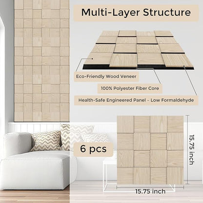 Checkerboard Acoustic Wall Panels – 6 Pack Natural Ash 3D Sound Absorbing Wall Panels 15.7” x 15.7” for Home & Apartment Interior Design, Checker Pattern Soundproof Decor Panels
