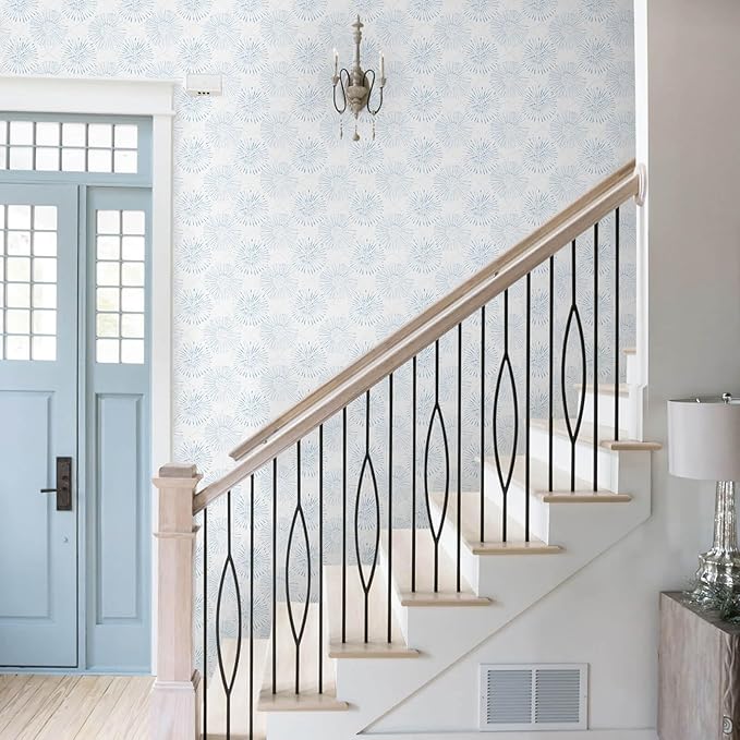 Boho Wallpaper Blue Wall Paper Peel and Stick Modern Blue and White Geometric Fireworks Contact Paper Renter Friendly Self-Adhesive Removable Bathroom Bedroom Laundry Room 17.3