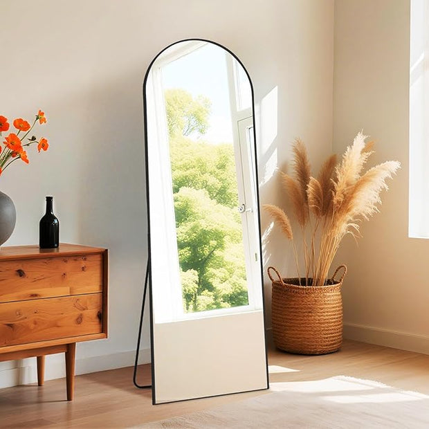 OLIXIS Arched Full Length Mirror 59"x16.3" for Bedroom, Full Body Mirror with Stand, Hanging or Leaning for Wall, Aluminum Alloy Thin Frame Floor Standing for Living Room, Long, Black
