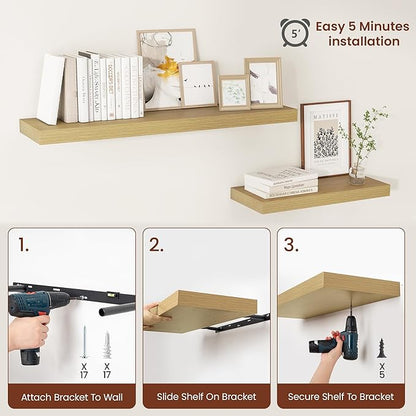 Vivelove 12 Inch Deep Floating Shelves 30 inch Long, 2 Inch Thick Wall Shelves with Invisible Brackets, Shelf for Bedroom Bathroom Living Room Kitchen Office Home Decor, Modern Shelf Set of 2, Oak