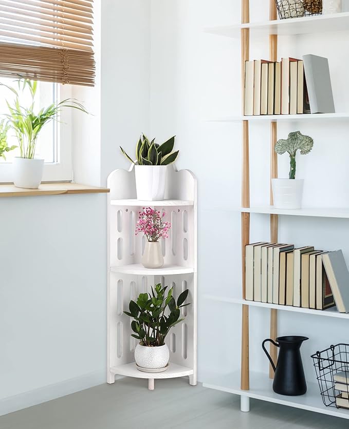 Meangood Bathroom Corner Shelf Stand, 3 Tier Solid Wood Display Shelf for Narrow Space, Shower Corner Shelf, Plant Stand Nightstand, for Living Room, Bedroom, Home Office, Elegant White
