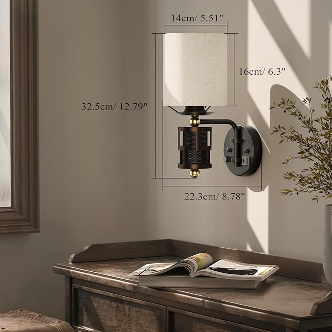 V07-1 Vintage Wall Sconce Light with USB A+C Charging Ports, Hardwired/Plug in Wall Sconces with Dimming Knob and Linen Lampshade, Wall Lights for Bedroom Living Room Kitchen (Bulb Included)