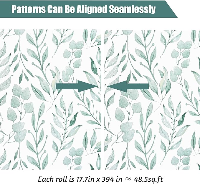 WENMER Green Leaf Wallpaper Floral Peel and Stick Wallpaper 17.7" x 394" Self Adhesive Watercolor Leaves Wall Paper Removable Floral Contact Paper for Cabinets Wall Decor
