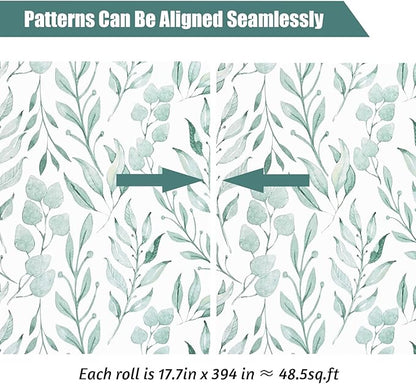 WENMER Green Leaf Wallpaper Floral Peel and Stick Wallpaper 17.7" x 394" Self Adhesive Watercolor Leaves Wall Paper Removable Floral Contact Paper for Cabinets Wall Decor