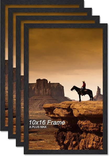 A PLUS MAX 10x16 Picture Frame Set of 4, Black Engineered Wood Frame for 10 x 16 Inch Picture Poster Photo, Light Weight 10 by 16 Frame with Wood-grain for Wall - 4 Pack/Black/10 x16