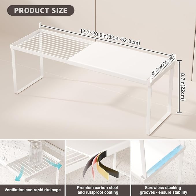 Expandable Cabinet Shelf Organizer, 1 Pack Stackable Kitchen Counter Shelf Riser, Metal Spice Rack Adjustable Heavy Duty Countertop Organizer Storage for Kitchen, Pantry, Cupboard, Rv (White)