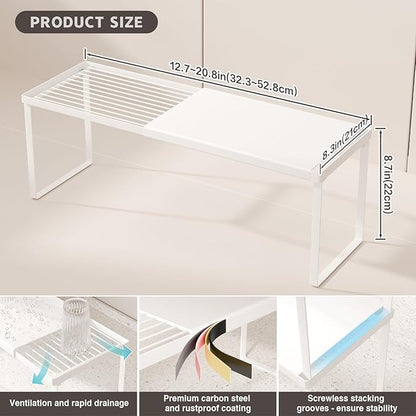 Expandable Cabinet Shelf Organizer, 2 Pack Stackable Kitchen Counter Shelf Riser, Metal Spice Rack Adjustable Heavy Duty Countertop Organizer Storage for Kitchen, Pantry, Cupboard, Rv (White)