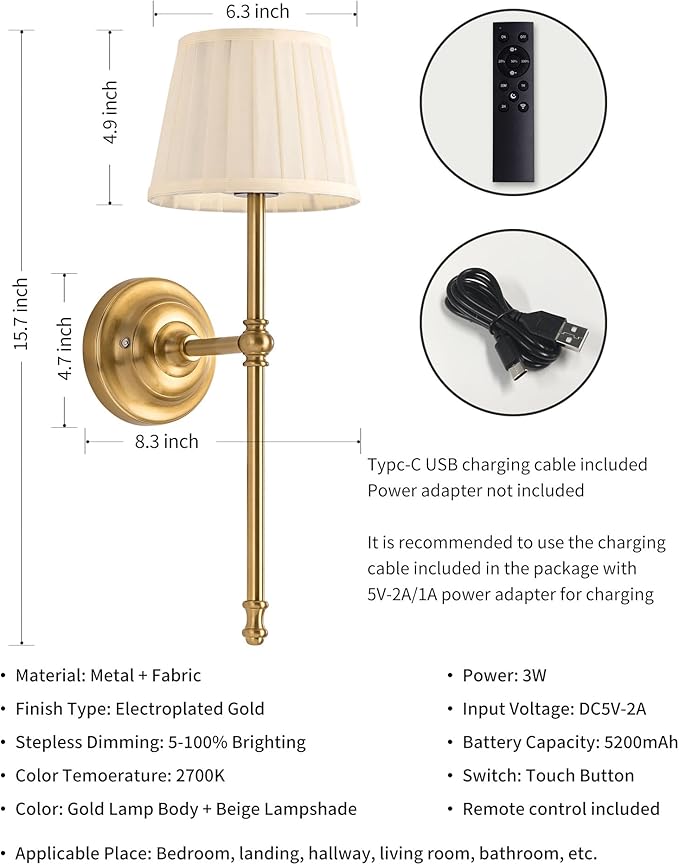 KDG Cordless Wall Sconces Set of 2, Small Wireless 5200mAh Rechargeable Battery Fabric LED Wall Lamps, Portables Lightings for Wall Painting, Living Room, Bedroom, Hallway, Gifts, Night Light (Gold)