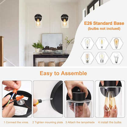 Kalium Wall Sconces, Matte Black Vanity Light Fixtures, Indoor Wall Lights with Clear Glass Shade, Hardwired Farmhouse Wall Lamp for Bedroom Living Room Bathroom (E26 Base 1pcs)