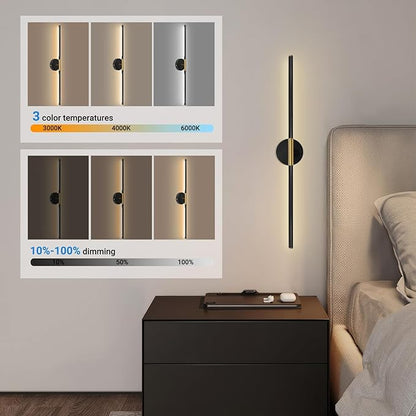 Battery Operated Wall Sconces, 360°Rotate Wireless Rechargeable Wall Sconces with Remote Control, Black Gold, Dimmable, Timing Decor Lights for Bedroom Hallway, 31.5 Inch 1 Pack