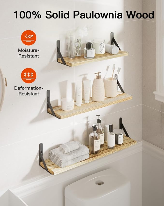 AMADA HOMEFURNISHING Long Wall Shelves, Rustic Farmhouse Style, Wood Floating Shelves for Wall Decor, Bathroom & Bedroom Storage, Living Room Book Shelves, 6pcs