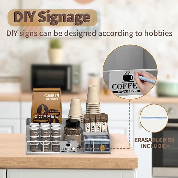 Metal Coffee Station Organizer for Countertop - Coffee Bar Organizer with Designable DIY Logo, K Cup Pods Holder & Tea Condiment Storage - Rustic Breakroom Kitchen Decor in Silver （1 Pcs）