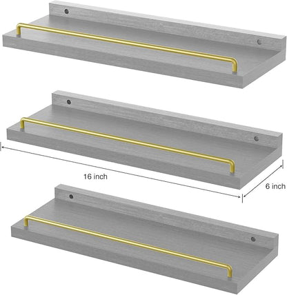 Floating Shelves for Wall Decor, Grey and Gold Shelves for Bathroom, Living Room, Bedroom, Picture Frames, Plants, Kitchen (Set of 3)