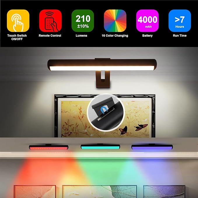 Picture Light, Battery Operated Picture Light with Remote, Rechargeable Picture Frame Light, 32 LED, 16 Color Changing, Art Light for Paintings for Display, Picture-Black