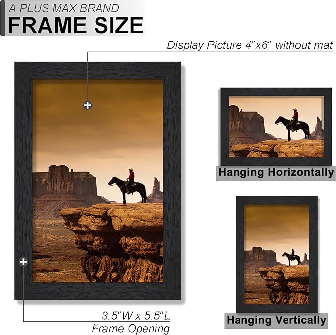 A PLUS MAX 4x6 Picture Frame Set of 2, Black Engineered Wood Frame for 4 x 6 Inch Picture Poster Photo, Light Weight 4 by 6 Frame with Wood-grain for Wall - 2 Pack/Black/4"x6"