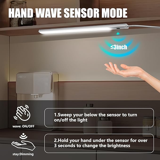 Under Cabinet Led Lighting with Hand Wave, 12 Inch Light Strip Bar, Daylight White 6000K Dimmable in USB Light, Small Thin Led Under Counter Lighting for Kitchen/Room/Shelf/Desk/Display Case (1)