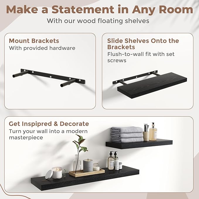 32 Inch Floating Shelves for Wall Set of 2, 8"D Wood Grain Bathroom Shelves with Invisible Brackets, Easy Install Engineered Wood Storage Shelves for Kitchen, Living Room, Bedroom, Black Finish