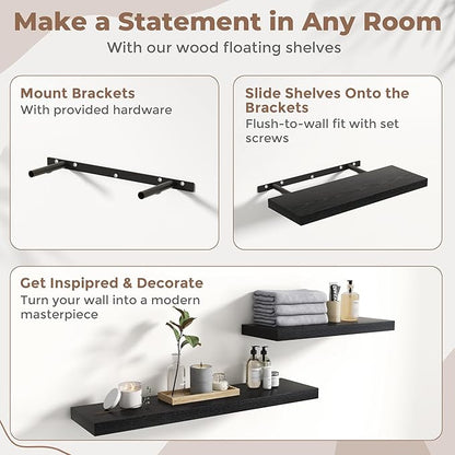 32 Inch Floating Shelves for Wall Set of 2, 8"D Wood Grain Bathroom Shelves with Invisible Brackets, Easy Install Engineered Wood Storage Shelves for Kitchen, Living Room, Bedroom, Black Finish