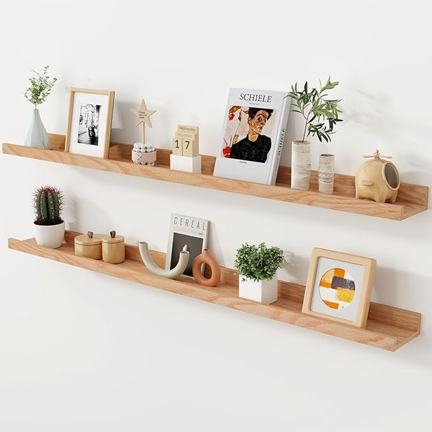 Axeman Oak Picture Ledge Shelf, 48 Inch Floating Shelves Set of 2, Solid Oak Wood Wall Shelves with Lip, Wall Decor Storage for Bedroom Living Room Bathroom Kitchen Nursery Photo Picture, Natural Oak