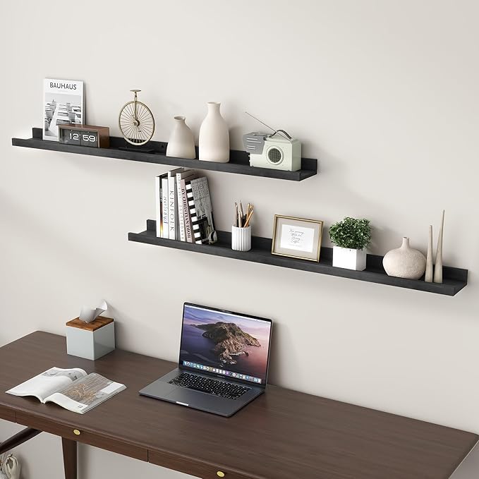 Picture Ledge Shelf, Floating Shelves Set of 2, Solid Ash Wood 48'' Long Large Nursery Book Shelves for Toys Storage, Kids Bookshelf for Living Room Bedroom Decor Books Photo Frames, Black