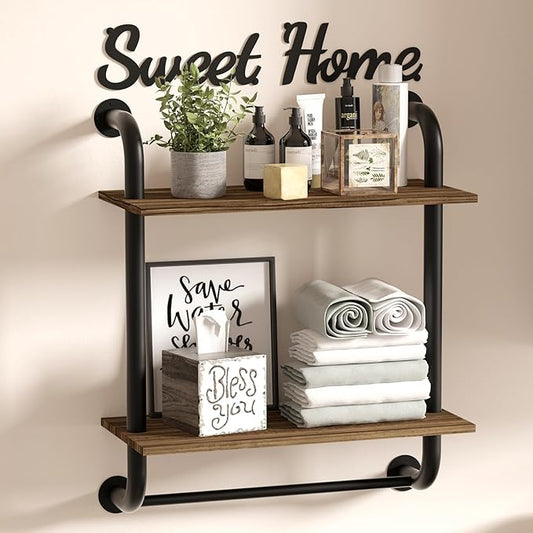 Bathroom Shelves Wall Mounted, Rustic Farmhouse Pipe Shelves, 2-Tier, Industrial Shelving Over Toilet, Floating Shelf Decor for Bathroom, Kitchen, Bedroom, Living Room 17.3 inch