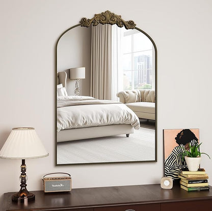 Vintage Wall Mirror, 22"x30" Arched Mirror for Vanity, Antique Decorative Mirrors with Carved Metal Frame for Bedroom, Living Room, Entryway, Fireplace, Hallway, Bronze