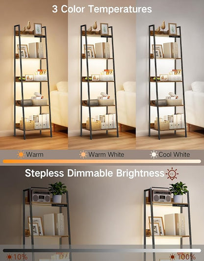 5-Tier Small Ladder Shelf with LED Lights, Touch & Remote Control, 3 Color Temperatures, Dimmable Tall Corner Standing Bookcase, Metal Wood Display Shelf for Living Room, Bedroom