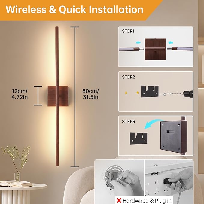 Battery Operated Wall Sconce Set of 2, 10400mAh Rechargeable Wall Sconces, 3000K-6000K Dimmable, 350°Rotate, Indoor Wall Lights for Bedroom Living Room Bathroom, Black Walnut, 31.5 Inch