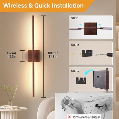 Battery Operated Wall Sconce Set of 2, 10400mAh Rechargeable Wall Sconces, 3000K-6000K Dimmable, 350°Rotate, Indoor Wall Lights for Bedroom Living Room Bathroom, Black Walnut, 31.5 Inch