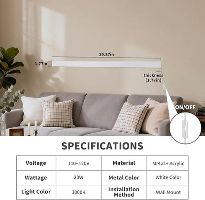 Modern Plug in Long Wall Sconce, 39.3" White Matte LED Wall Lights, 20W Warm White 3000K Acrylic Indoor Wall lamp, with 59" Plug Cable for Bedroom, Living Room, Hallway