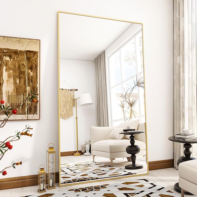 VooBang Large Full Length Mirror 78" x 35" - Shatterproof Floor Full Body Mirror with Aluminum Alloy Frame, Freestanding, Hanging, or Wall-Leaning, for Bedroom, Living Room, Dressing Room, Gold