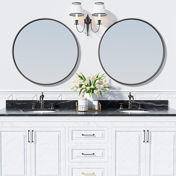 PROHOMEWARE Black Round Bathroom Mirrors, 32 inch Circle Wall Mounted Hanging Mirror for Entryway, Living Room, Hallway, Bathroom, Bedroom