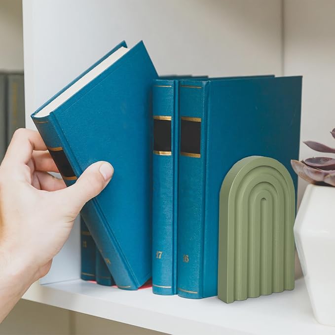 Whaline 4Pcs Boho Arch Wood Bookends Sage Green Rainbow Wooden Book Stands Decorative Non Skid Book Stoppers Study Cute Bookend for Back to School Heavy Books Home Office Library Kitchen (4 Colors)