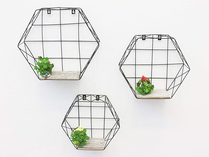 Admired by Nature 3pcs Hanging Shelves, Accent Wall Shelf, Hexagon Shelves, Wall Storage Shelves, Display Shelf, Wire Decorative Floating Shelves, Geometric Wall Decor for Home Décor, Black