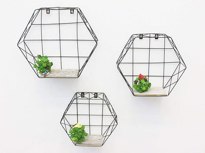 Admired by Nature 3pcs Hanging Shelves, Accent Wall Shelf, Hexagon Shelves, Wall Storage Shelves, Display Shelf, Wire Decorative Floating Shelves, Geometric Wall Decor for Home Décor, Black