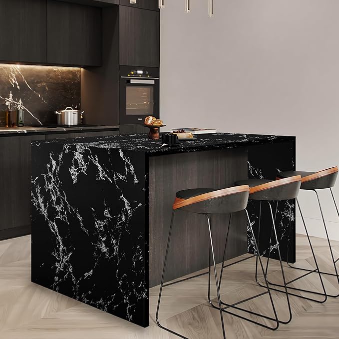 practicalWs Glossy Marble Wall Paper Granite Black/Grey Kitchen Countertop Cabinet Furniture Refurbishment Removable Wallpaper Peel and Stick Vinyl Roll 23.6" x 118.1"