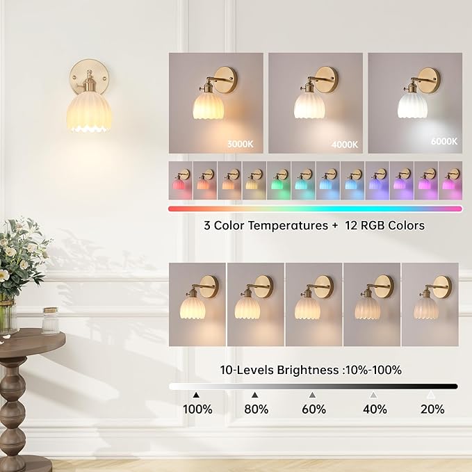 Vintage Battery Operated Wall Sconce with White Tulip Glass Lampshade Rechargeable Battery Powered Wall Light with Remote Control for Bedside Bedroom Doorway, Set of 2