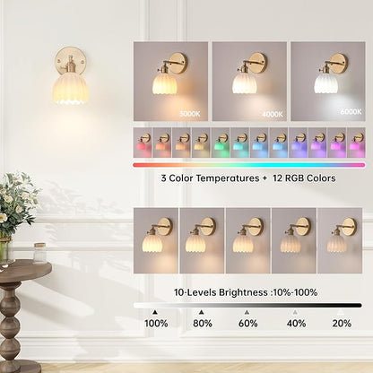 Vintage Battery Operated Wall Sconce with White Tulip Glass Lampshade Rechargeable Battery Powered Wall Light with Remote Control for Bedside Bedroom Doorway