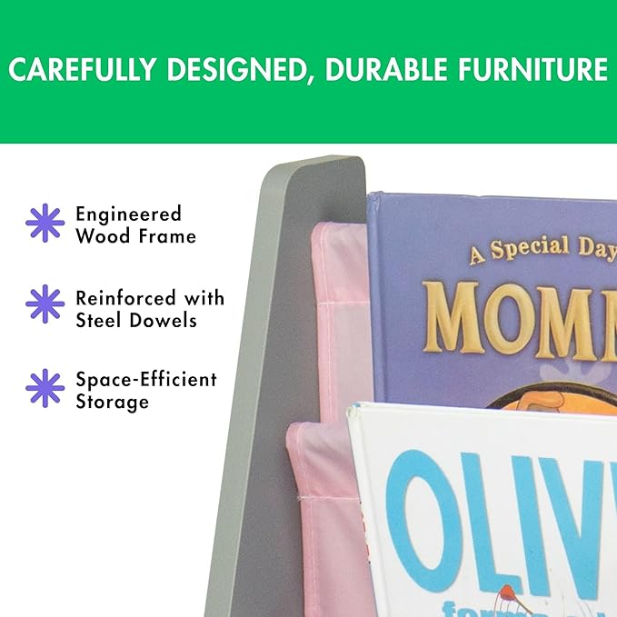 Humble Crew 4-Tier Kids Bookshelf, Grey Wood/Pink - Premium Book Shelf for Kids Rooms with Four Deep Pockets - Toddler Sling Book Rack with Deep Sleeves, Nursery Bookcase Organizer