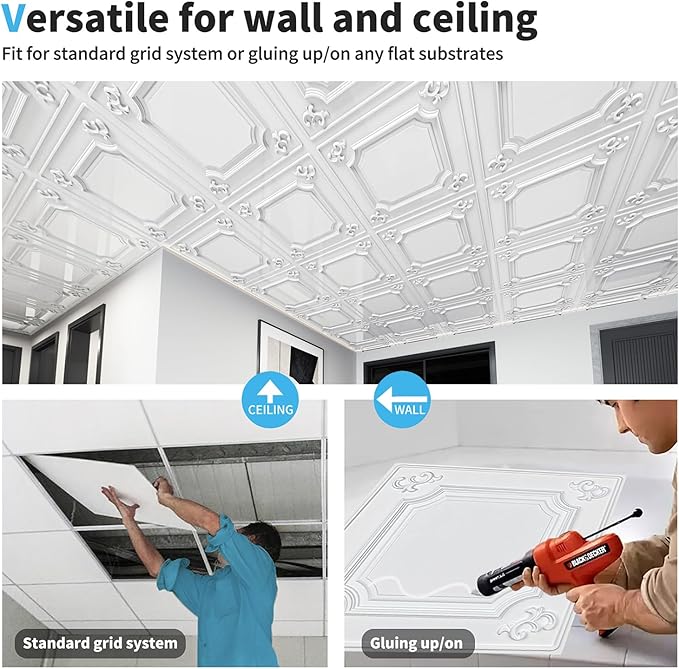 Art3d Drop Ceiling Tiles 24x24 in White (24-Pack, 96 Sq.ft), Wainscoting Panels Glue Up 2x2
