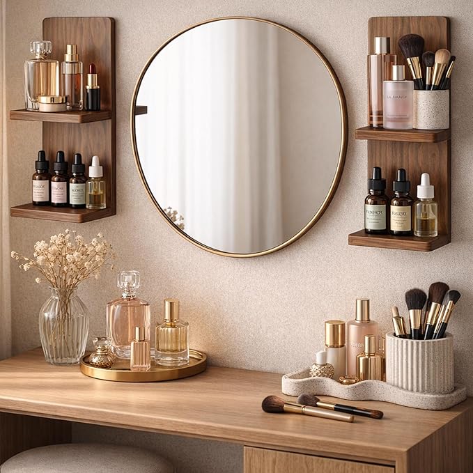 2-Tier Walnut Floating Wall Shelf of 2, 20x8x6 Wall-Mounted Wooden Beside Shelf/Nightstand for Home Décor, Plants, Cosmetics, Bathroom, Kitchen, Bedroom Storage