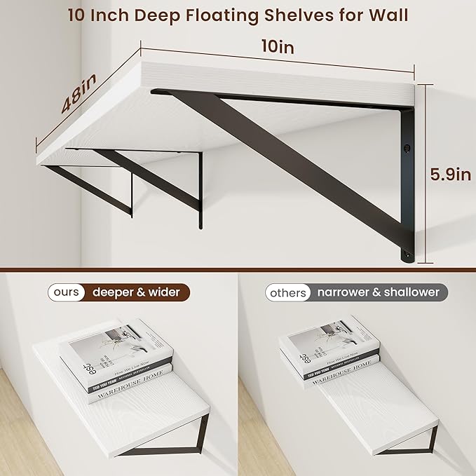 Axeman 48 Inch Floating Shelves | 10 Inch Deep White Wall Shelves Set of 2 | 48