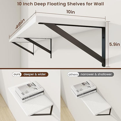 Axeman 48 Inch Floating Shelves | 10 Inch Deep White Wall Shelves Set of 2 | 48" W x 10" D White Wood Floating Shelves for Living Room Bathroom Kitchen