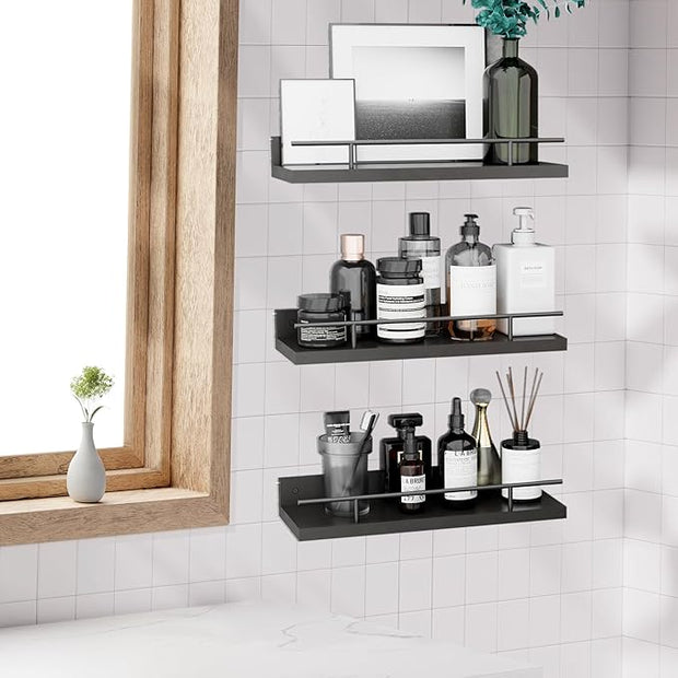 Floating Shelves with Metal Guardrail, Wall Decor Shelves for Bathroom, Living Room and Bedroom, (Black-Black) Shelves for Home Decor