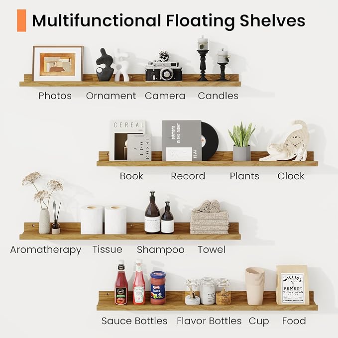 RICHFOCUS Picture Ledge Shelf, 36 inch Floating Shelves Set of 2, Wood Wall Shelves with Lip, Wall Decor Storage for Bedroom Living Room Bathroom Kitchen Nursery Photo Picture, Oak