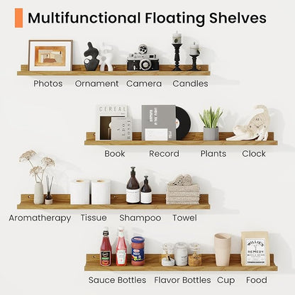 RICHFOCUS Picture Ledge Shelf, 24 inch Floating Shelves Set of 2, Wood Wall Shelves with Lip, Wall Decor Storage for Bedroom Living Room Bathroom Kitchen Nursery Photo Picture, Oak
