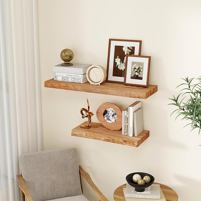 fuqing Wood Floating Shelves for Wall - Solid Elm Wood Live Edge Floating Shelves 24 Inch - 9 Inch Deep Natural Wooden Wall Shelves with Upgraded Heavy Duty Brackets and Anchors
