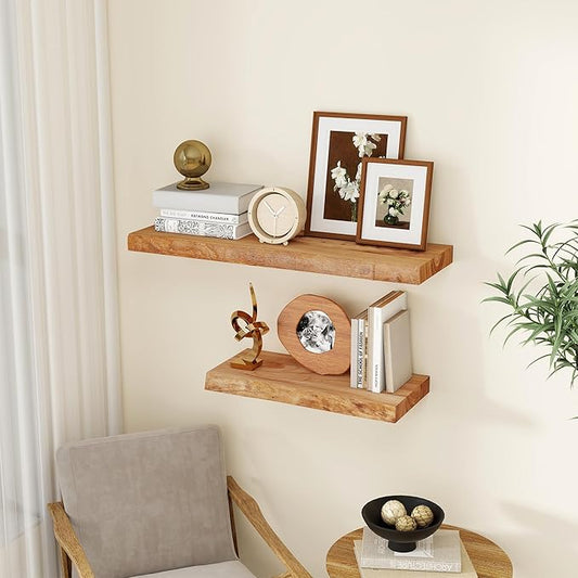 fuqing Live Edge Floating Shelves for Wall 36 Inch - 9 Inch Deep Solid Elm Wood Floating Wall Shelves - Rustic Natural Wooden Shelves with Upgraded Heavy Duty Brackets and Anchors