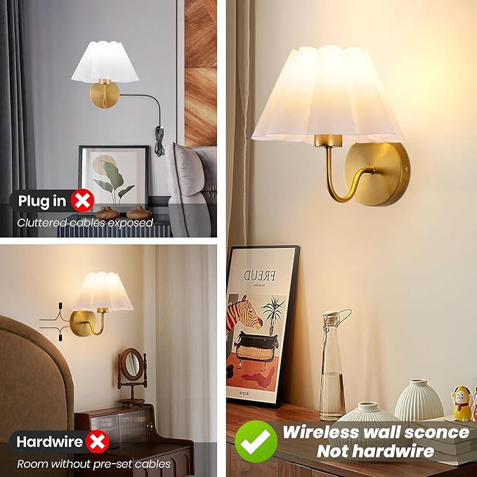 Battery Operated Wall Sconces Sets of 2, Indoor not Hardwired White Fabric lampshade Fixtures,Rechargeable Wireless 10 Colors Wall Lights with Dimmable Remote Control